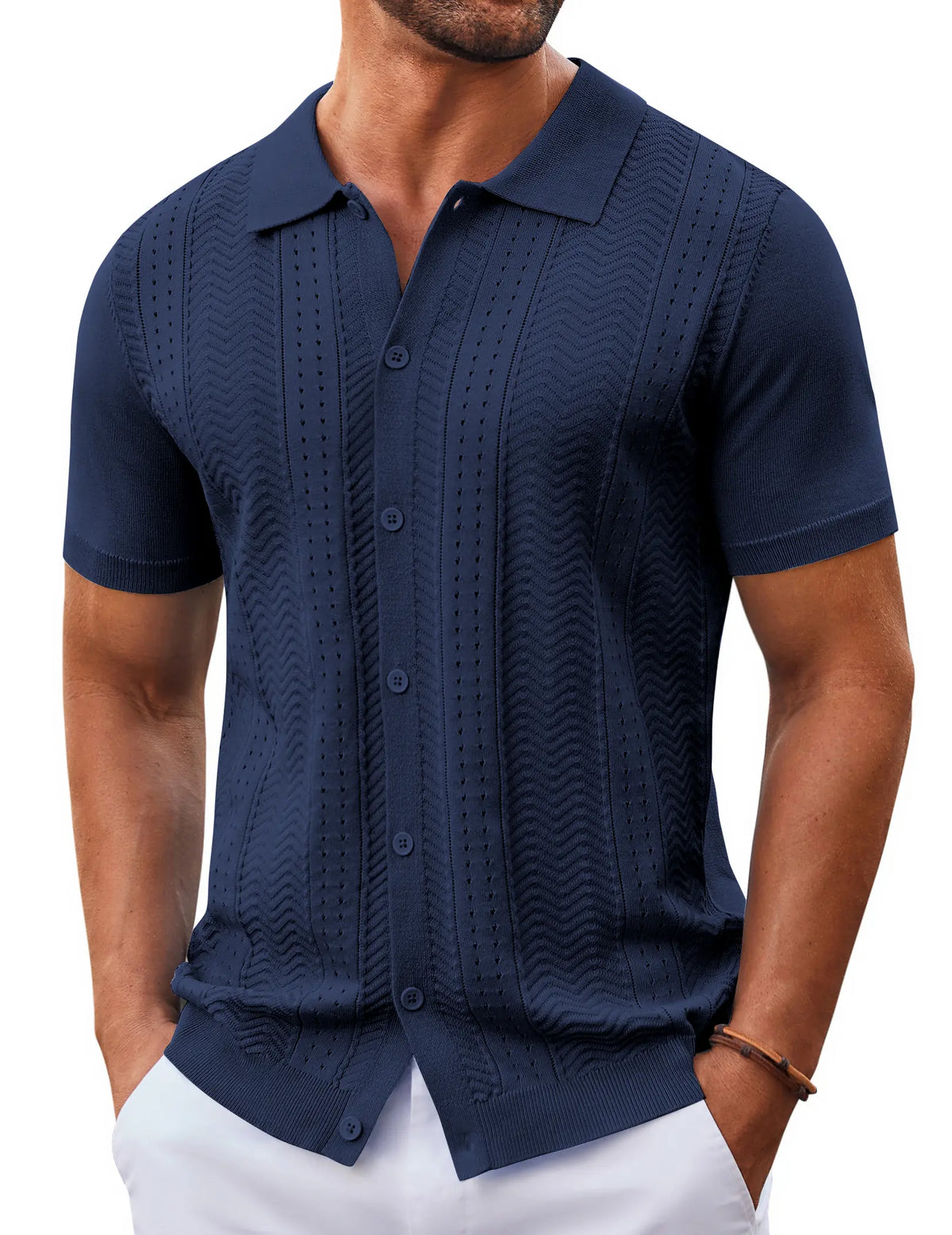 COOFANDY B Mens Knit Button Down Shirt Short Sleeve Summer Casual Shirts Vintage Beach Vacation Shirts