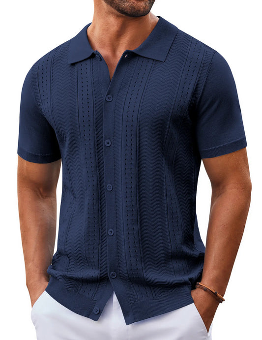 COOFANDY B Mens Knit Button Down Shirt Short Sleeve Summer Casual Shirts Vintage Beach Vacation Shirts