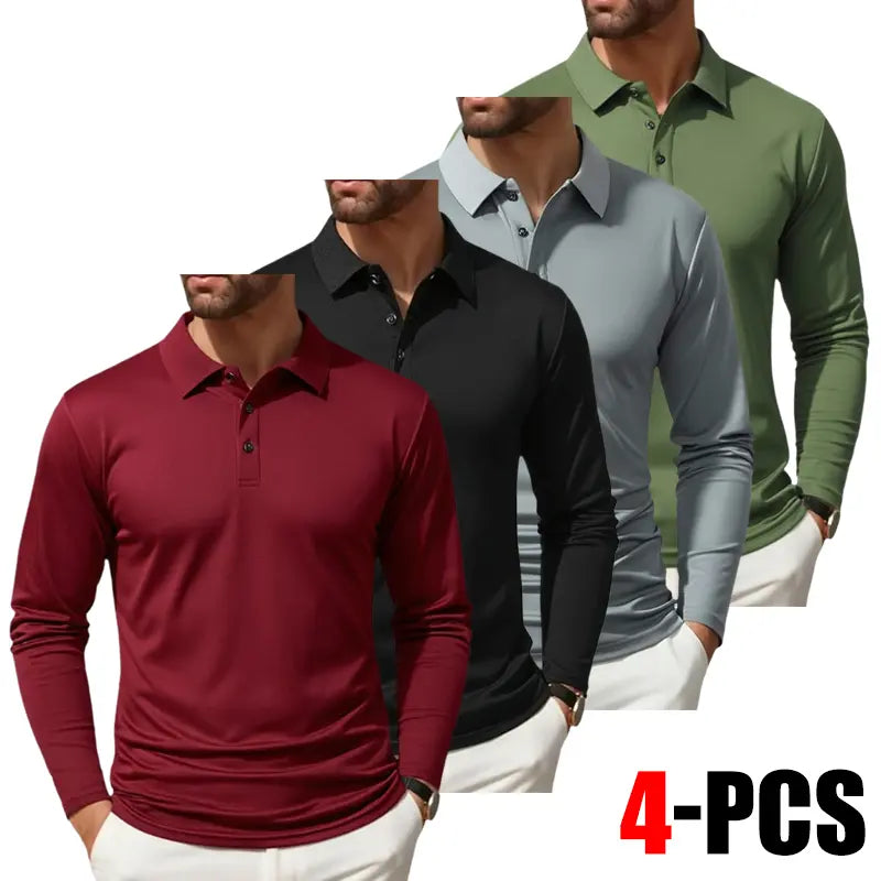 Clean Gent 4-Piece Men's Long Sleeve Polo Shirt, Soft and Comfortable Men's Golf Shirt, Casual Long Sleeve Classic POLO Shirt, Button Front Blouse, Elastic Fashion Men's Clothing, All Seasons