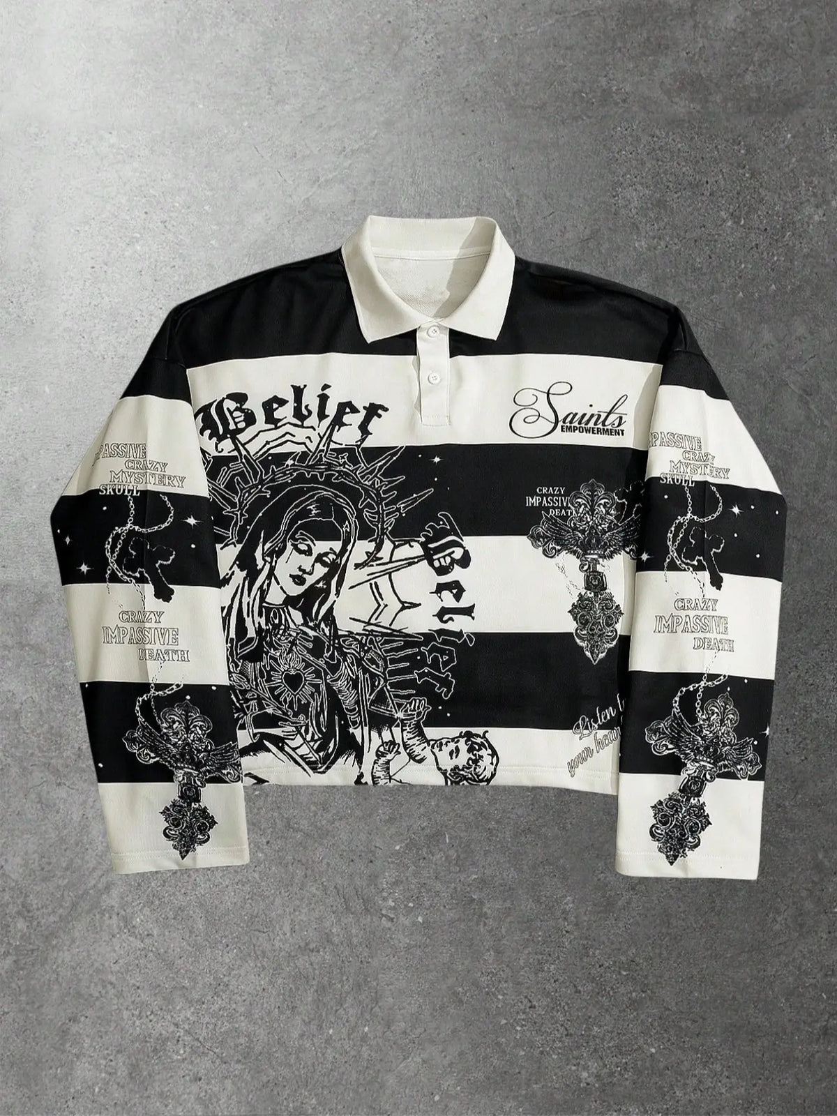 Men's Gothic Striped Fitted Collared Polo Shirt, & Stripes, Belief Saints Ethnic Cultural Graphic Prints, Long Sleeve, Streetwear Casual Style, Menswear, Fall Winter, Shirts Men