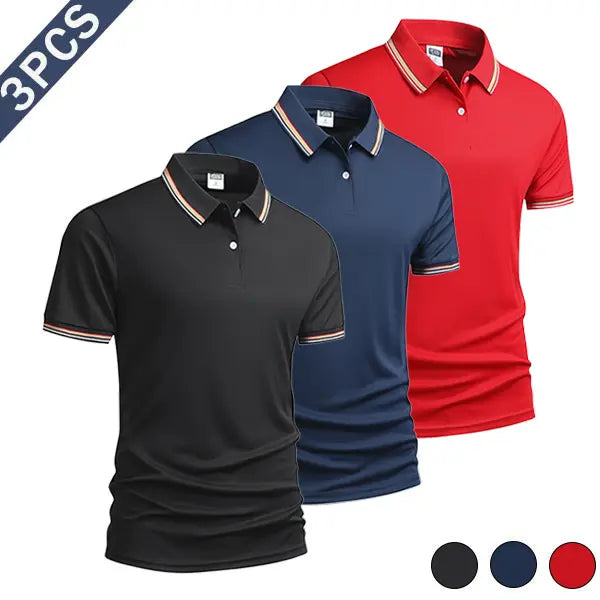Men's 3-Piece Summer Polo Shirt Set, Polyester Fiber Fabric with Striped Sleeve Cuffs, Sporty Chic Smart Casual Top for Men's Clothing, Casual & Outdoor Use