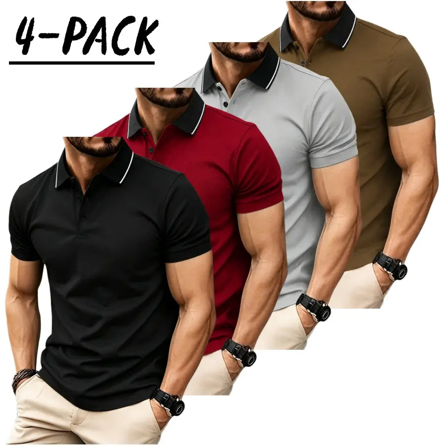 Men’s short sleeve polo shirt set of four pieces with a turn down collar and three buttons; urban casual style with contrast piping at the collar, slim tailored shoulders, and refined bead detailing. Suitable for men’s commuting, shopping, and exploring s