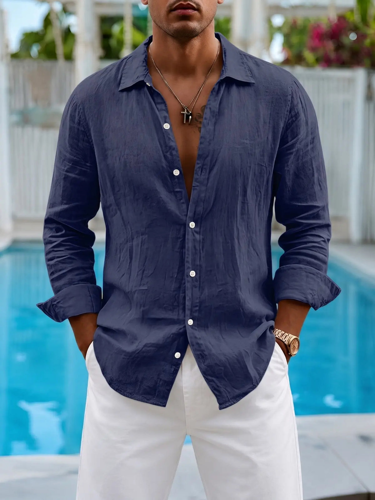 Men's Spring/Autumn Everyday Wear, Beach Vacation Style, Casual Streetwear Style, Roll-up Sleeve Linen Blend Collared Shirt, Suitable for Home, Outdoor, Urban, Street Style, Casual