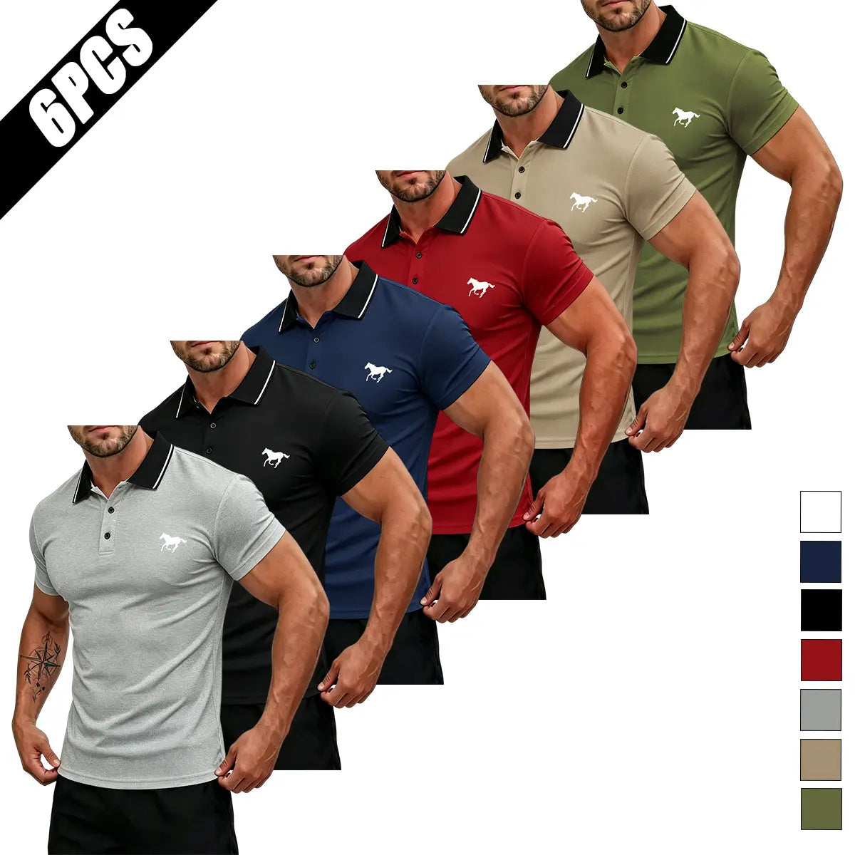 Men's Summer Short-Sleeve Horse Logo Graphic Mix Print Polo Shirt Multi-Pack - Stylish Mature Top for Casual Outings, Gifting, Horse Logo Graphic Polo Shirts, Mix Print Polo Shirts,back to school,back to school shopping