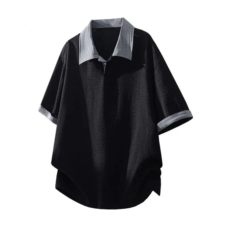 Men's Textured Weave Polo Shirt - Short Sleeve, Loose-Fitting, Breathable Half-Button Top with Contrast Spliced Lapel for Business Casual Wear