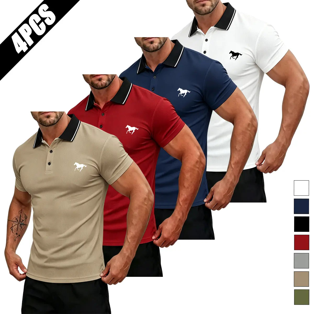 Men's Summer Short-Sleeve Horse Logo Graphic Mix Print Polo Shirt Multi-Pack - Stylish Mature Top for Casual Outings, Gifting, Horse Logo Graphic Polo Shirts, Mix Print Polo Shirts,back to school,back to school shopping