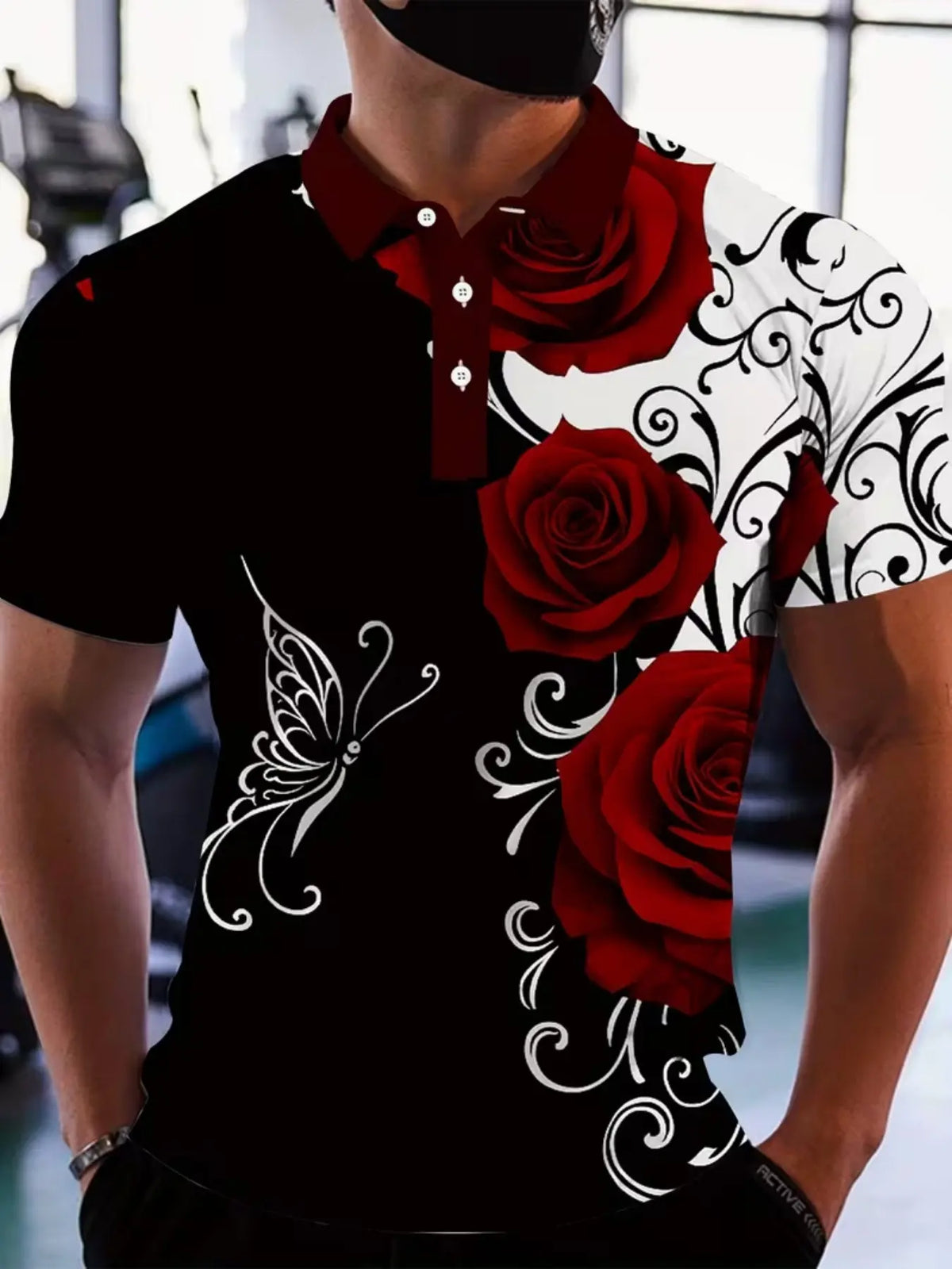 Men's Rose Print Floral Short Sleeve Buttoned Polo Shirt, Fitted Polo Shirts, Fashion Trendy Design, Casual Fitted Top, Graphic Pattern, Summer Wear, Summer Polos, Menswear