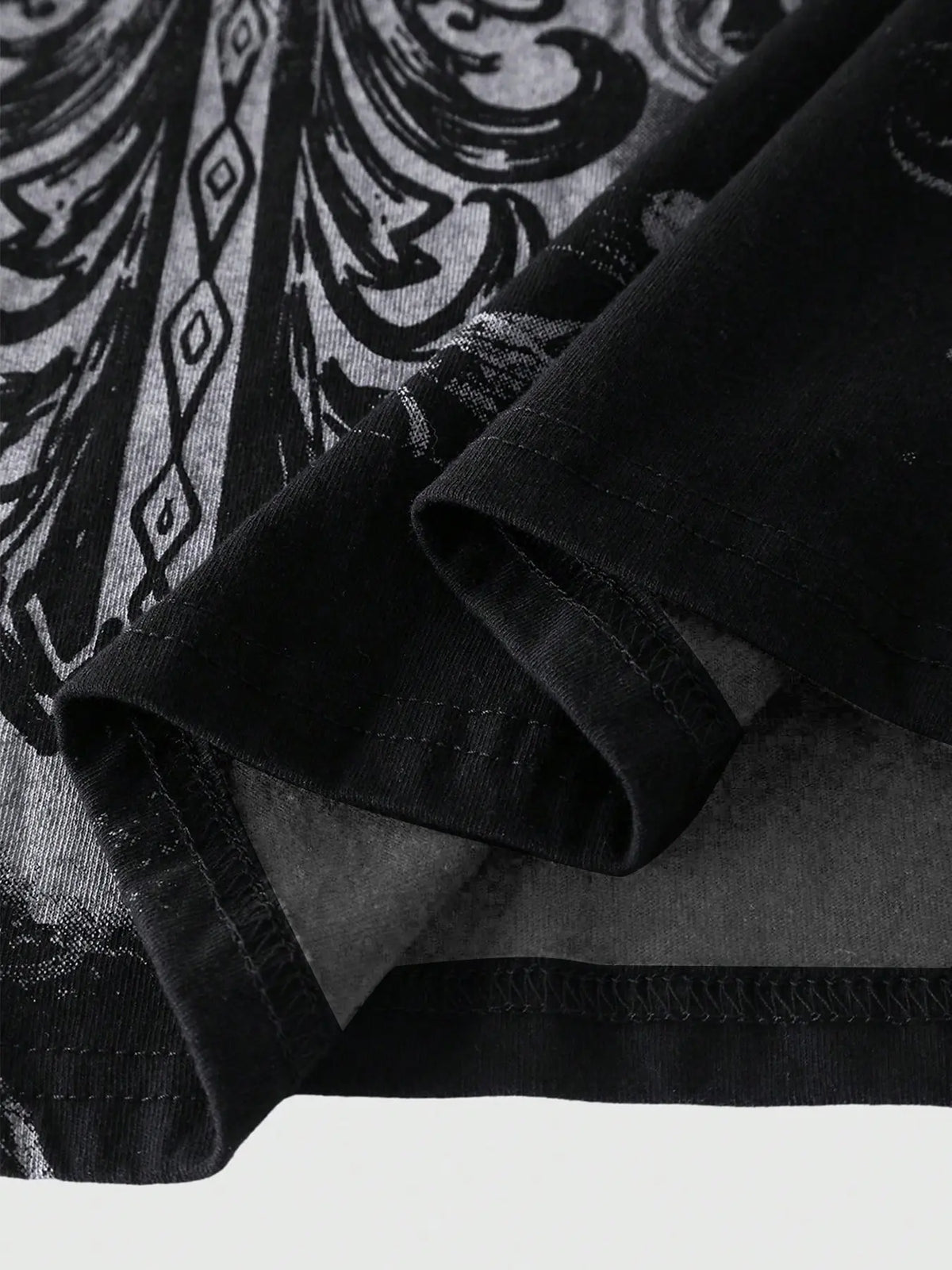 Men's Y2K Retro Gothic Hip Hop Polo Shirt - Black Cotton with White Gothic Cross & Baroque Scrollwork Print, Distressed Vintage Effect, Relaxed Fit Casual Streetwear Polo Top for 90s Grunge Style, Daily OOTD, Summer Vacation, and Beach Party