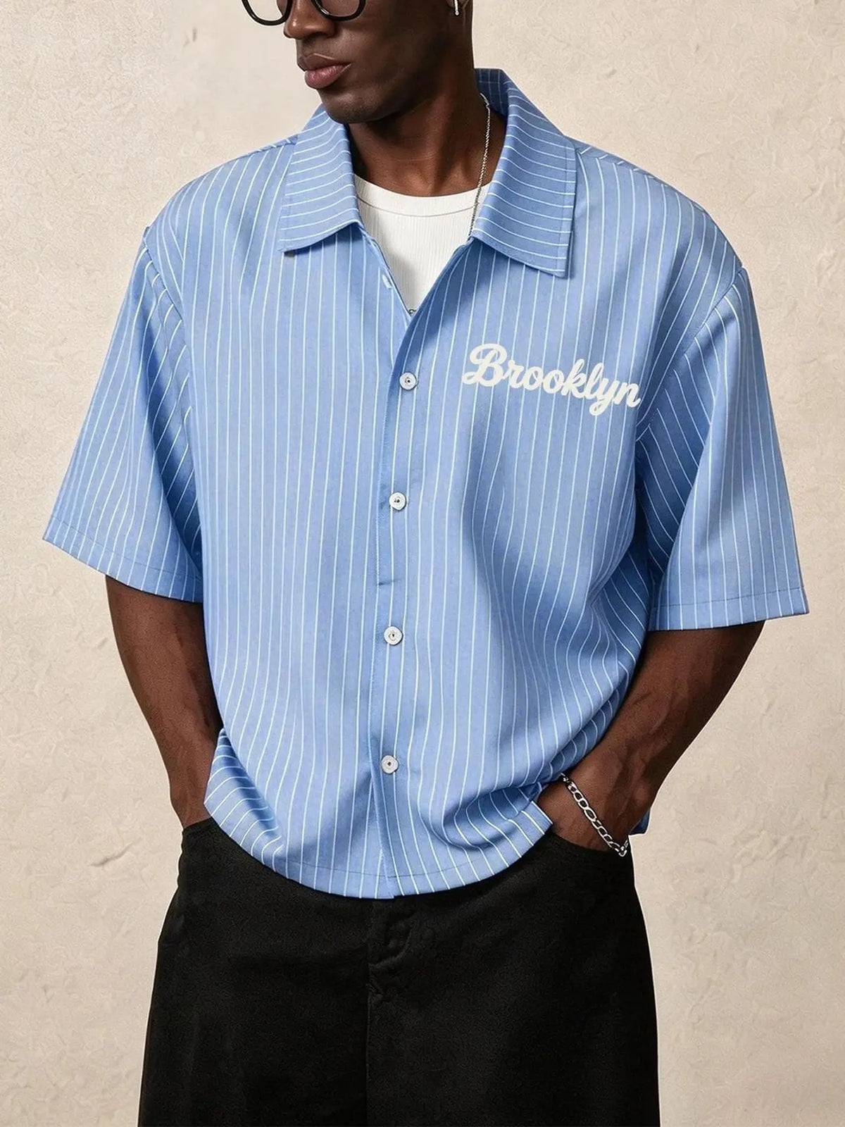 Men's short‑sleeve shirt with blue stripes, letter‑print lapel top, ideal for summer daily‑wear and casual street‑style outfits, Casual Collared Shirt