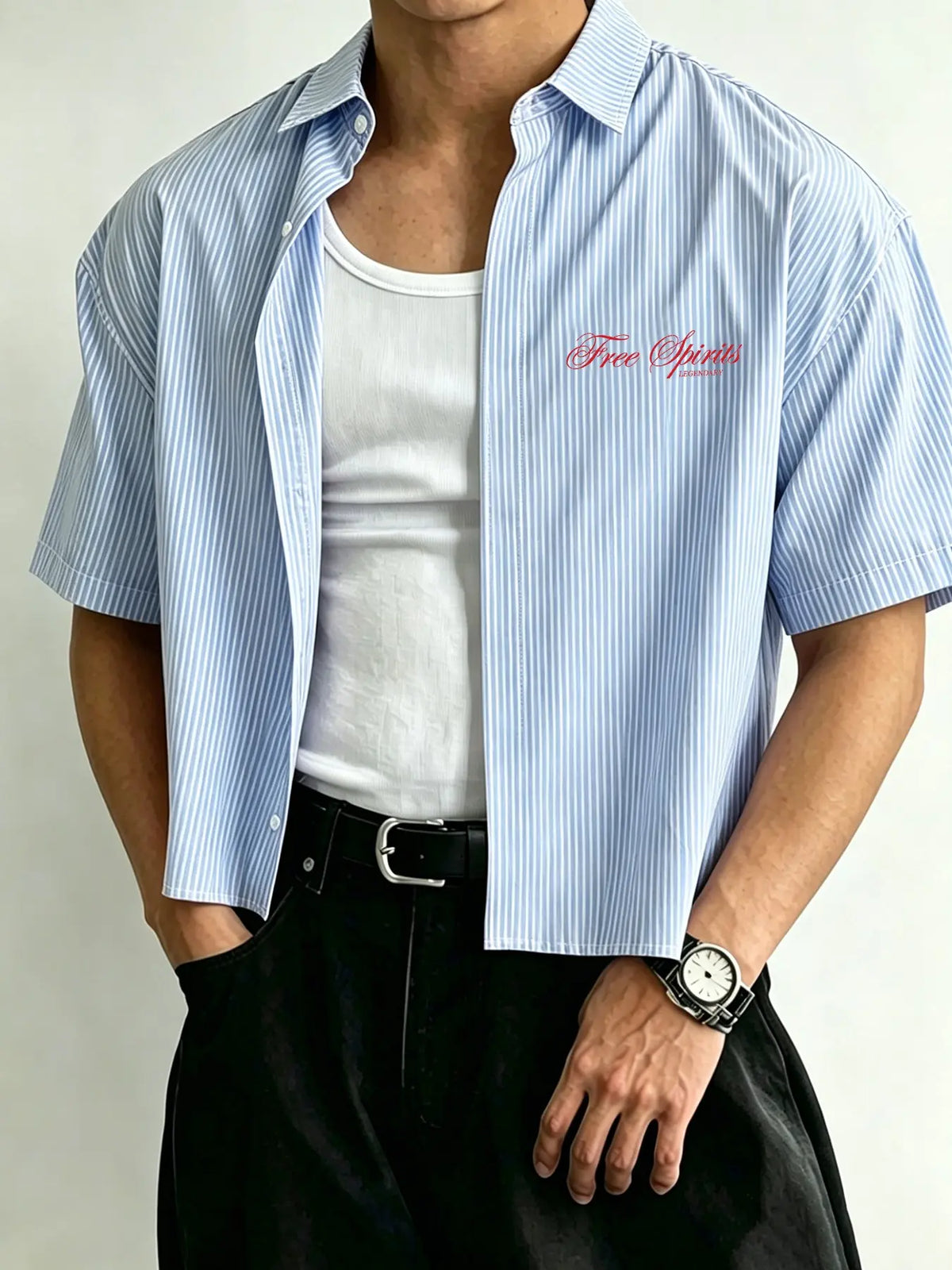 Men's Y2K pink striped short cropped short-sleeve shirt, casual loose lapel button-up top, Casual collared shirt, Classic Streetwear summer shirt, Casual Street Style, striped T-shirt for everyday wear, casual summer clothes, Menswear