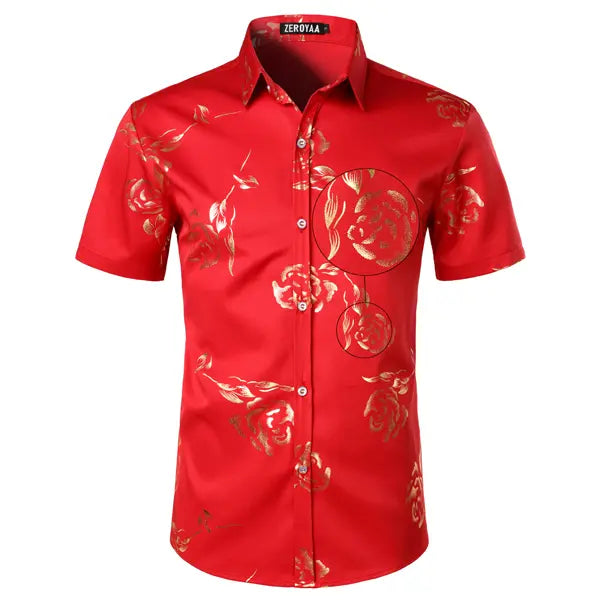 ZEROYAA Mens Hipster Gold Rose Printed Slim Fit Short Sleeve Button Down Dress Shirts Casual Summer Style Casual Fashion,back to school,back to school shopping