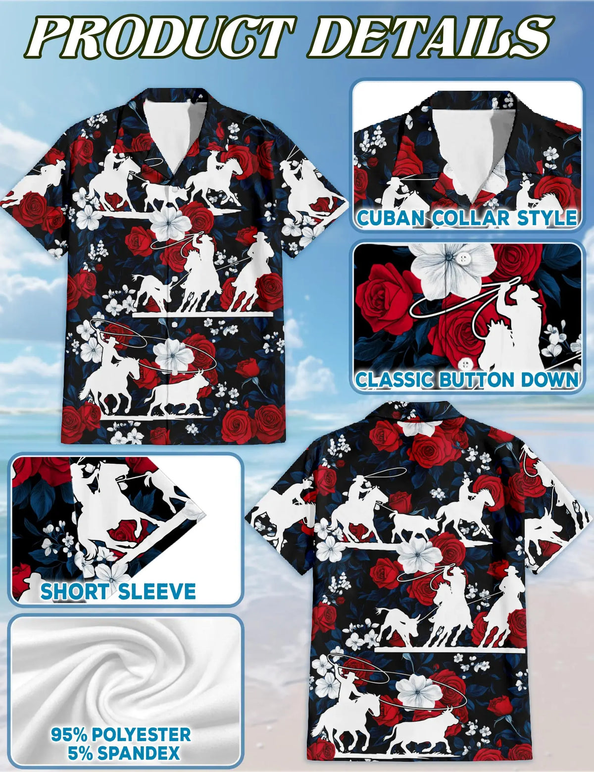 Team Roping Hawaiian Shirts Horse Racing Flowers Rose Red For Men & Women Style 3D Printing Summer Casual Loose Short Sleeve Shirt Street Men Menswear