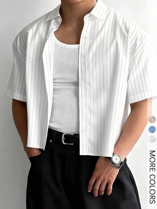 Men's Simple Striped Cropped Button Down Shirt, Casual Trendy Shirt, Regular Short Sleeve Casual Top For Streetwear, Casual Summer Clothes, Casual Summer Clothing