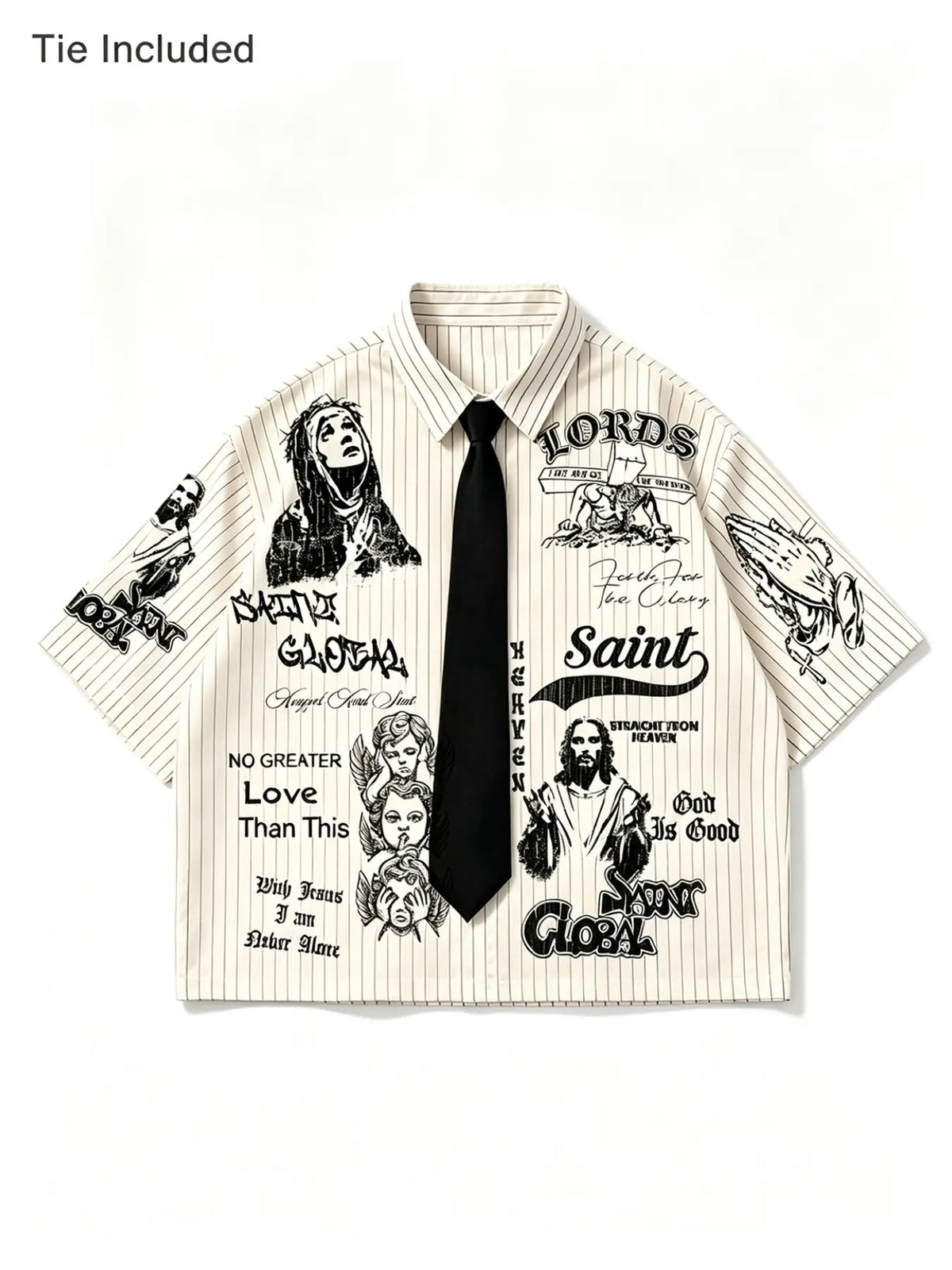 2Pcs Y2K Religious Saint Print Striped Short Sleeve Button Up Shirt With Tie Set, Gothic Streetwear Oversized Top For Men Women Daily Casual Festival Party