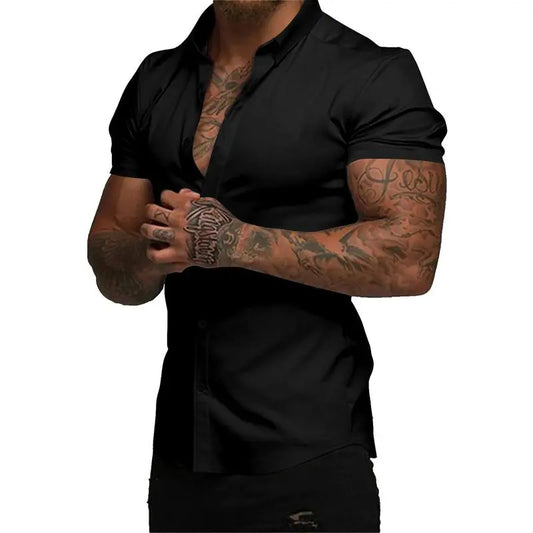 Men's Muscle Fit Short-Sleeve Collared Neck Dress Shirt - Plain, Wrinkle-Free Retro Tribal Button-Down Top, Casual Menswear Cardigan-Inspired Shirt