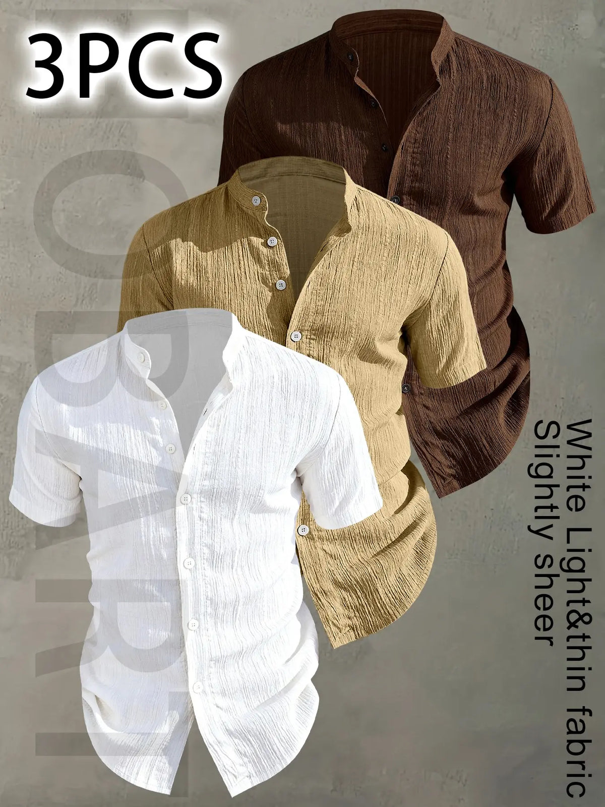 3pcs Set Men's Summer Short Sleeve - Lightweight Breathable Plain Color Button-Up Casual Shirt with Stand Collar, Low-cut collar designr Beach Vacation, Pool Party & Casual Attire, Beach Shirt, Collared Fitted Shirt, gift for husband