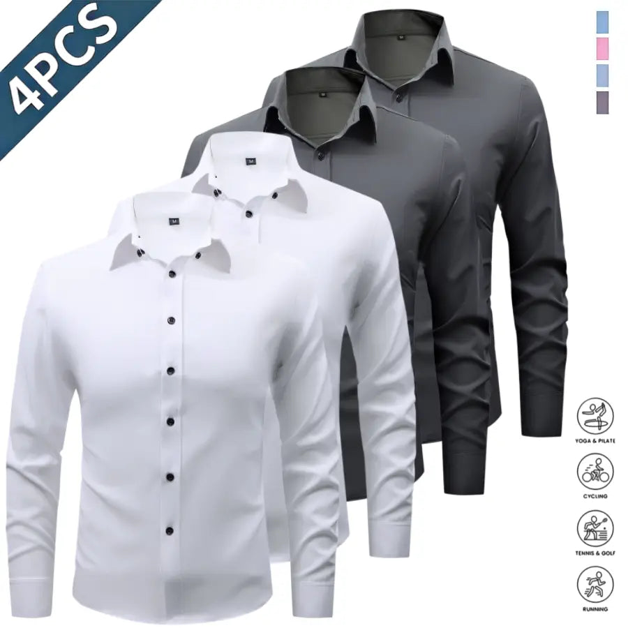Men’s Solid-Color Long-Sleeve Shirts (4-Pack) - Fashion Apparel with Notched Lapel Collar, Comfortable Neck Button Placement, Sharp Structured Fit, Stretch Fabric, Mens Gifts for Fathers Day, 4 Shirts Refresh Your Rotation