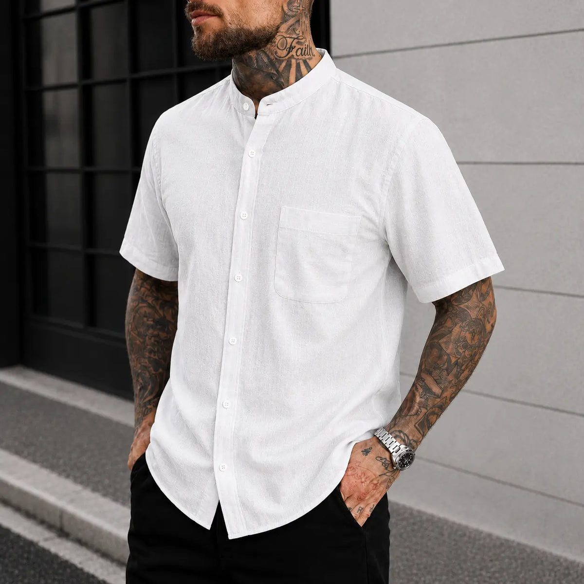 Men's Linen Blend Short Sleeve Button Down Shirt, Mandarin Collar, Lightweight Breathable Tops for Summer Beach, Menswear Plain Stylish Pocket Shirt