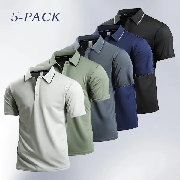 Men's 5-Pack Basic Fitted Solid Color Polo Shirts - Breathable Mesh Fabric, Contrasting Collar, Buttoned, Sporty Chic for Hot Weather Office & Athletic Activities
