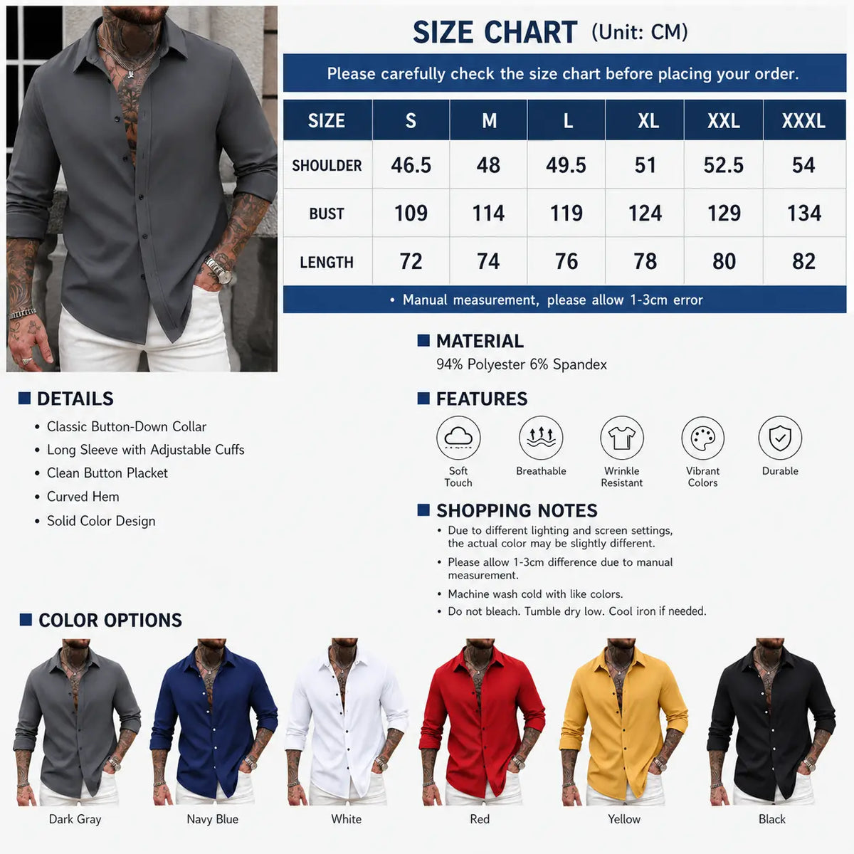 Men's Classic Plain Long-Sleeve Front Buttons Shirt - Soft Polyester-Spandex Blend, Cuffed Sleeves, Curved Design, Dark Blue, XL, Flexible for Daily Wear, Business/Casual