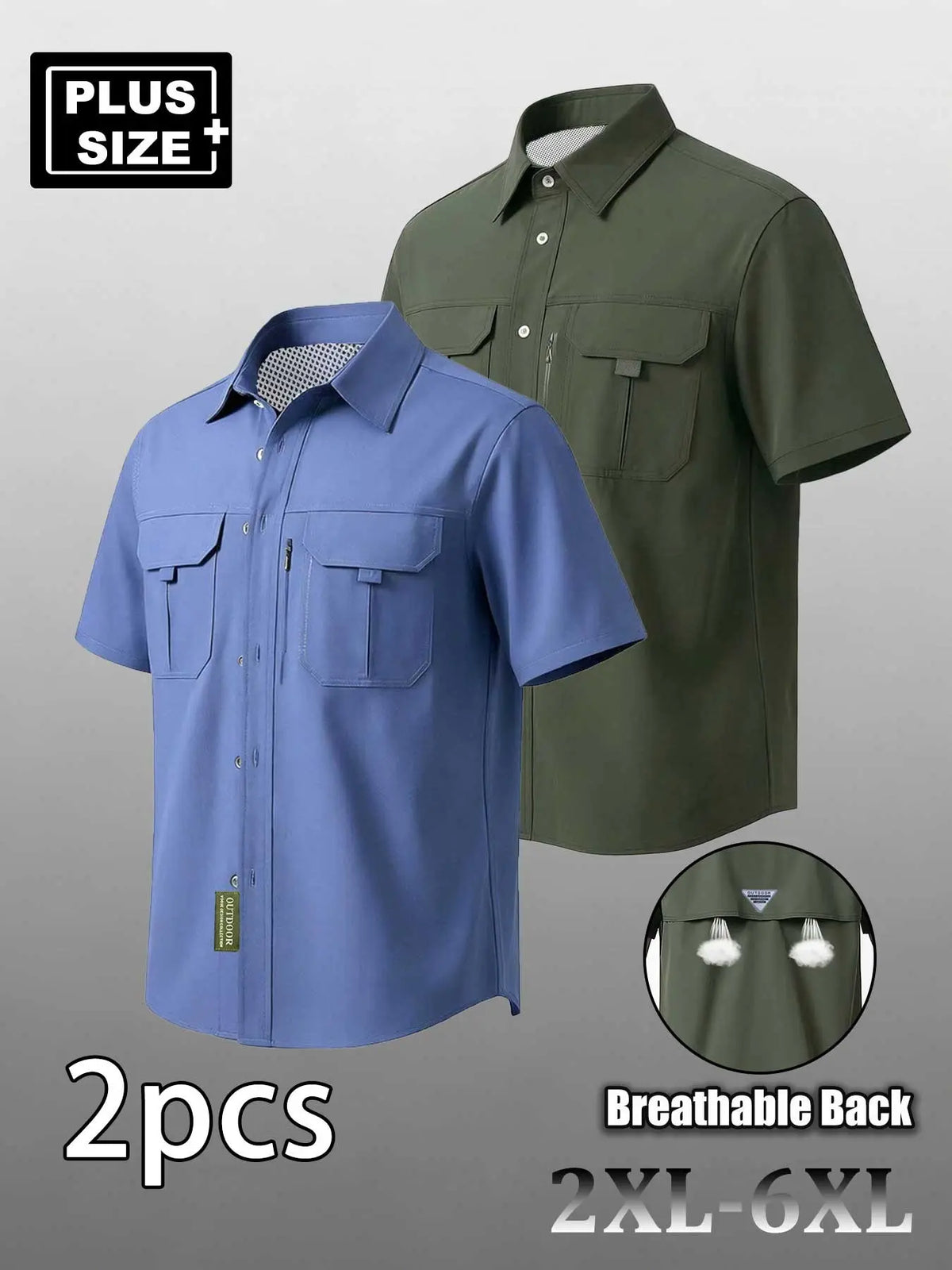 Plus Size Men's Casual Loose Summer Shirt, Short Sleeve Shirt with Multiple Pockets, Zip Details, Breathable Elastic Fabric, Casual Breathable Design, Ideal for Commute & Outdoor Activities, Top