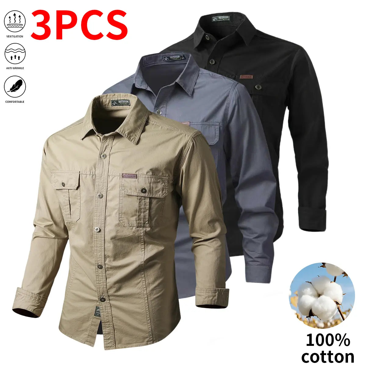 Set of three pure cotton long-sleeve work shirts for men: button-up work/utility tactical shirt for fishing and hunting; casual loose-fit long-sleeve button shirt with two pockets, suitable for outdoor hunting.
