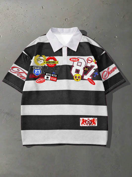 Summer Men's Street Style Collared, Casual Polo Shirts Graphic Print Short Sleeve Fitted Top, Menswear, Perfect for Daily Wear & Skateboarding