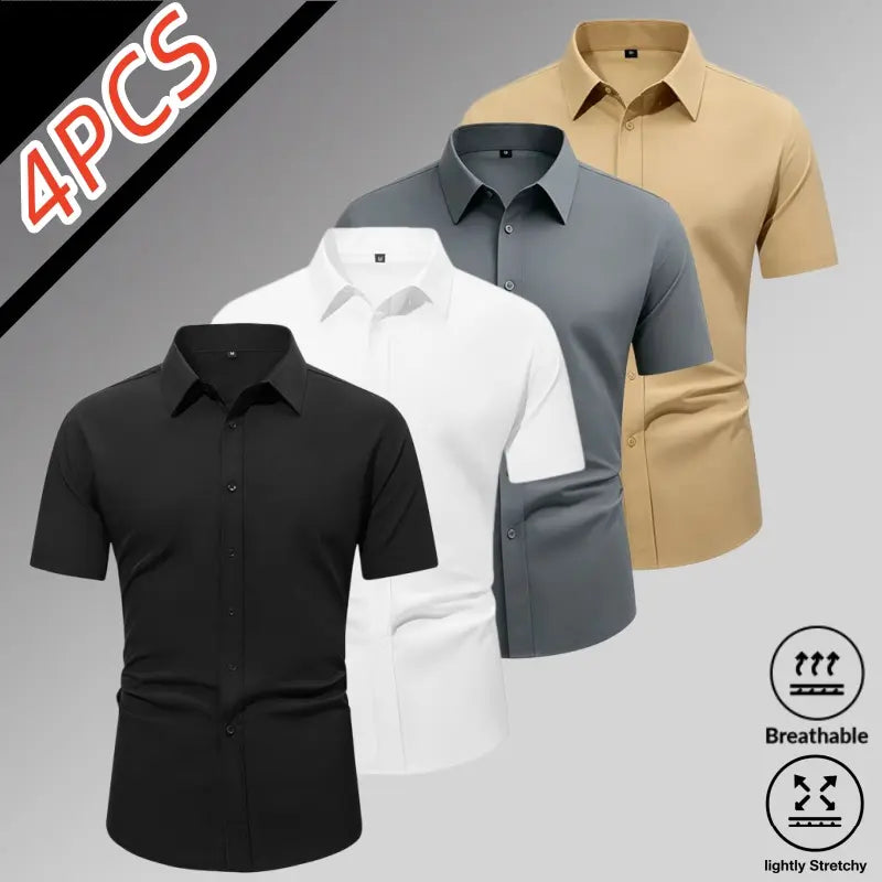 Sohochic Men’s 4-Pack Ice Silk High-Stretch Short Sleeve Shirts - Top Wardrobe Staples, Slim-Fit Button-Front Turn-Down Collar, Summer Breathable Skin-Friendly Drapey No-Iron Business Commuter Shirts