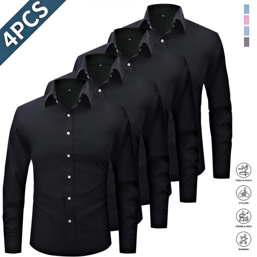 Men’s Solid-Color Long-Sleeve Shirts (4-Pack) - Fashion Apparel with Notched Lapel Collar, Comfortable Neck Button Placement, Sharp Structured Fit, Stretch Fabric, Mens Gifts for Fathers Day, 4 Shirts Refresh Your Rotation