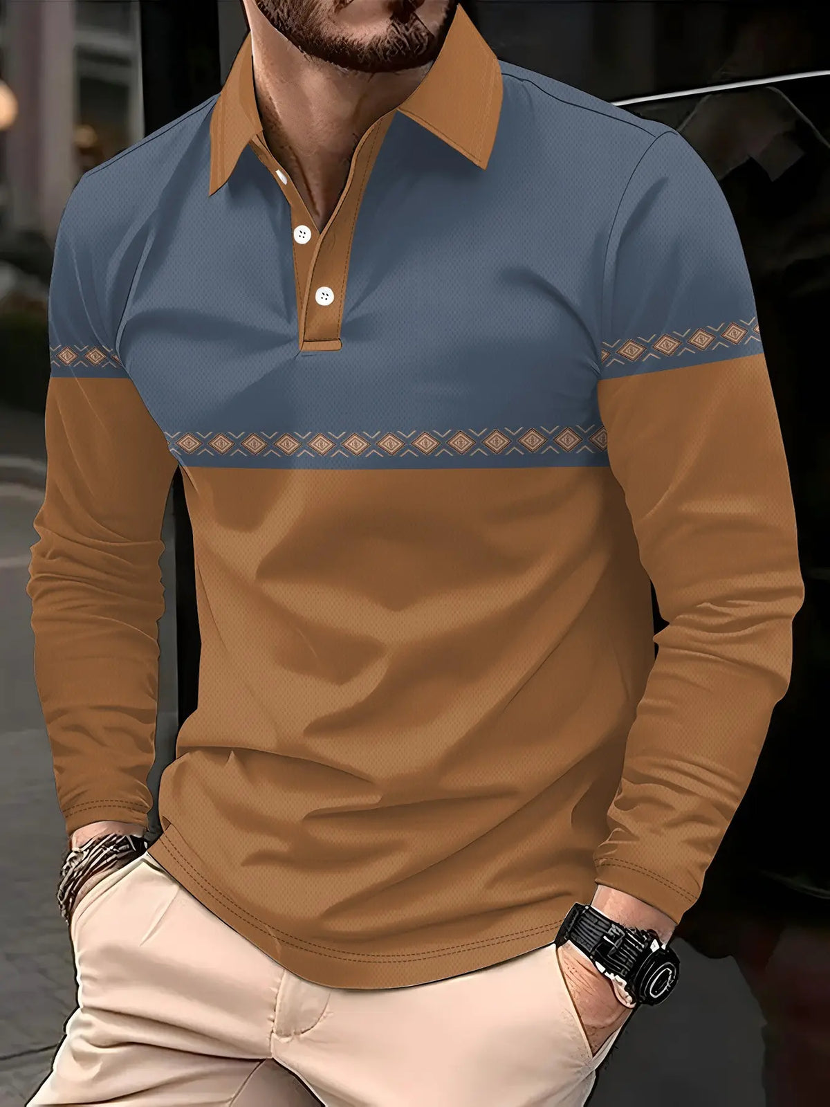 Men's Long Sleeve Knitted Polo Shirt, Casual Polo Shirts, Colorblock Knitwear, Casual Fashion Top, Trendy Contrast Design, Slim-Fitting, All Seasons