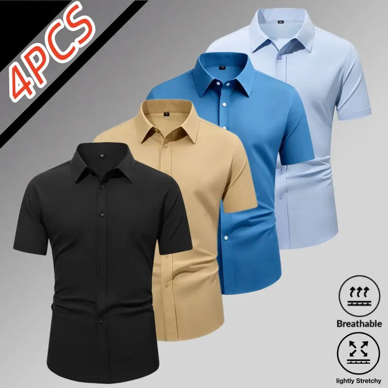 Sohochic Men’s 4-Pack Ice Silk High-Stretch Short Sleeve Shirts - Top Wardrobe Staples, Slim-Fit Button-Front Turn-Down Collar, Summer Breathable Skin-Friendly Drapey No-Iron Business Commuter Shirts
