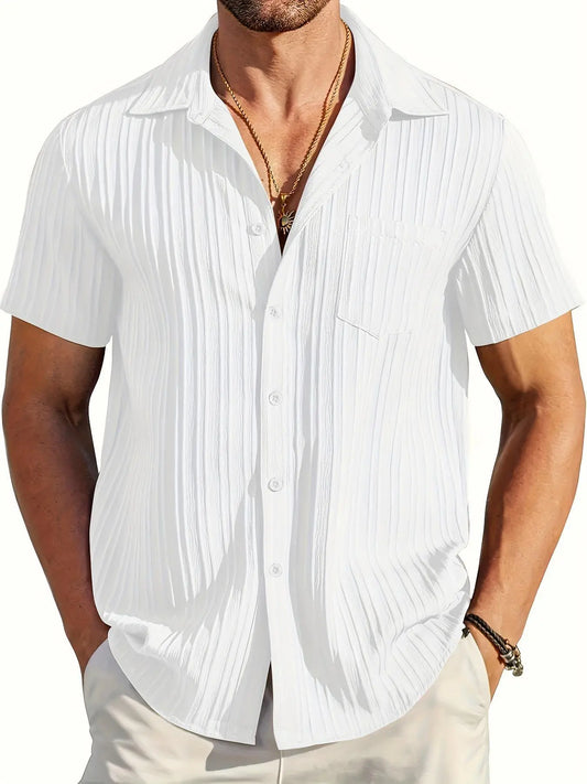 Men's Solid Textured Short Sleeve Shirt, Loose Casual Button Collared Comfy Top for Summer, Men's Clothes for Daily Wear, Menswear, Summer Shirts