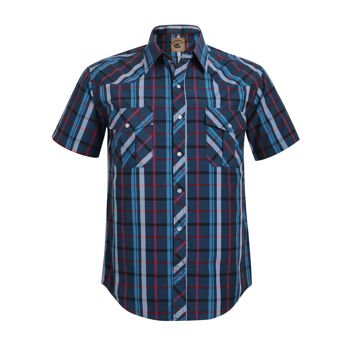 COEVALS CLUB Men's Casual Western Plaid Shortsleeve Cowboy Shirt - Durable Polyester-Cotton Blend Work Top, Breathable Lightweight, Pearl Snap Buttons, Western Style Wardrobe Staples for Summer Vacation, Wild West Outdoors
