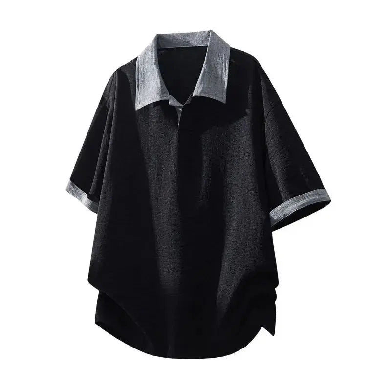 Men's Textured Weave Polo Shirt - Short Sleeve, Loose-Fitting, Breathable Half-Button Top with Contrast Spliced Lapel for Business Casual Wear