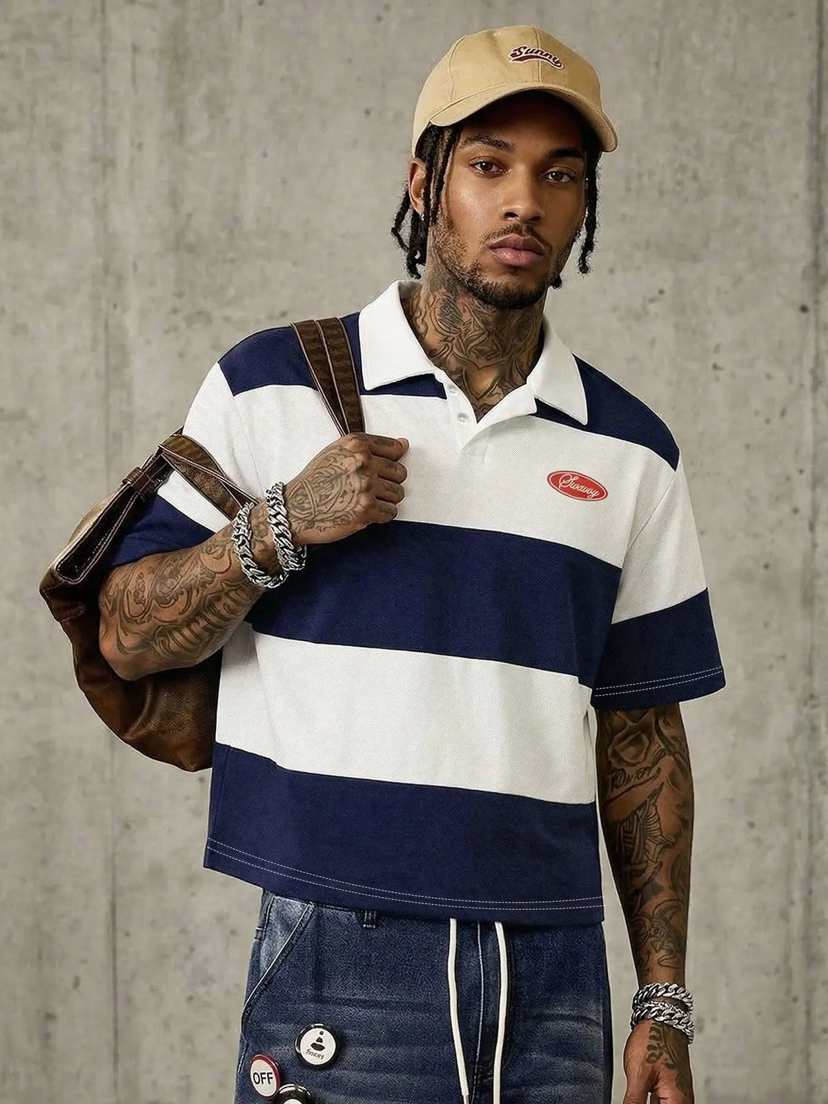 American College Style Classic Casual Striped Polo Streetwear, Casual Polo Shirts, Loose-Fitting Turn-Down Collar Short-Sleeve T-Shirt, Versatile Top for Men, Menswear