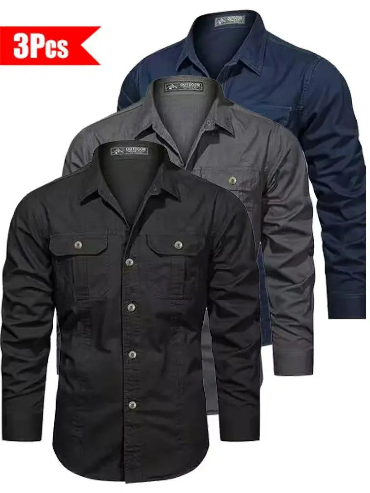3-pack men’s solid-color long-sleeve shirts, regular fit, casual button-down tops suitable for office and business settings, all-season wear, casual slim-fit shirts