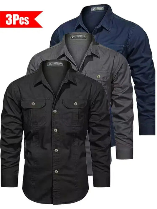 3-pack men’s solid-color long-sleeve shirts, regular fit, casual button-down tops suitable for office and business settings, all-season wear, casual slim-fit shirts