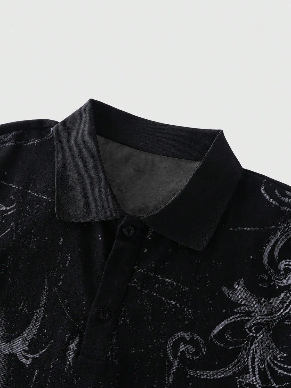 Men's Y2K Retro Gothic Hip Hop Polo Shirt - Black Cotton with White Gothic Cross & Baroque Scrollwork Print, Distressed Vintage Effect, Relaxed Fit Casual Streetwear Polo Top for 90s Grunge Style, Daily OOTD, Summer Vacation, and Beach Party