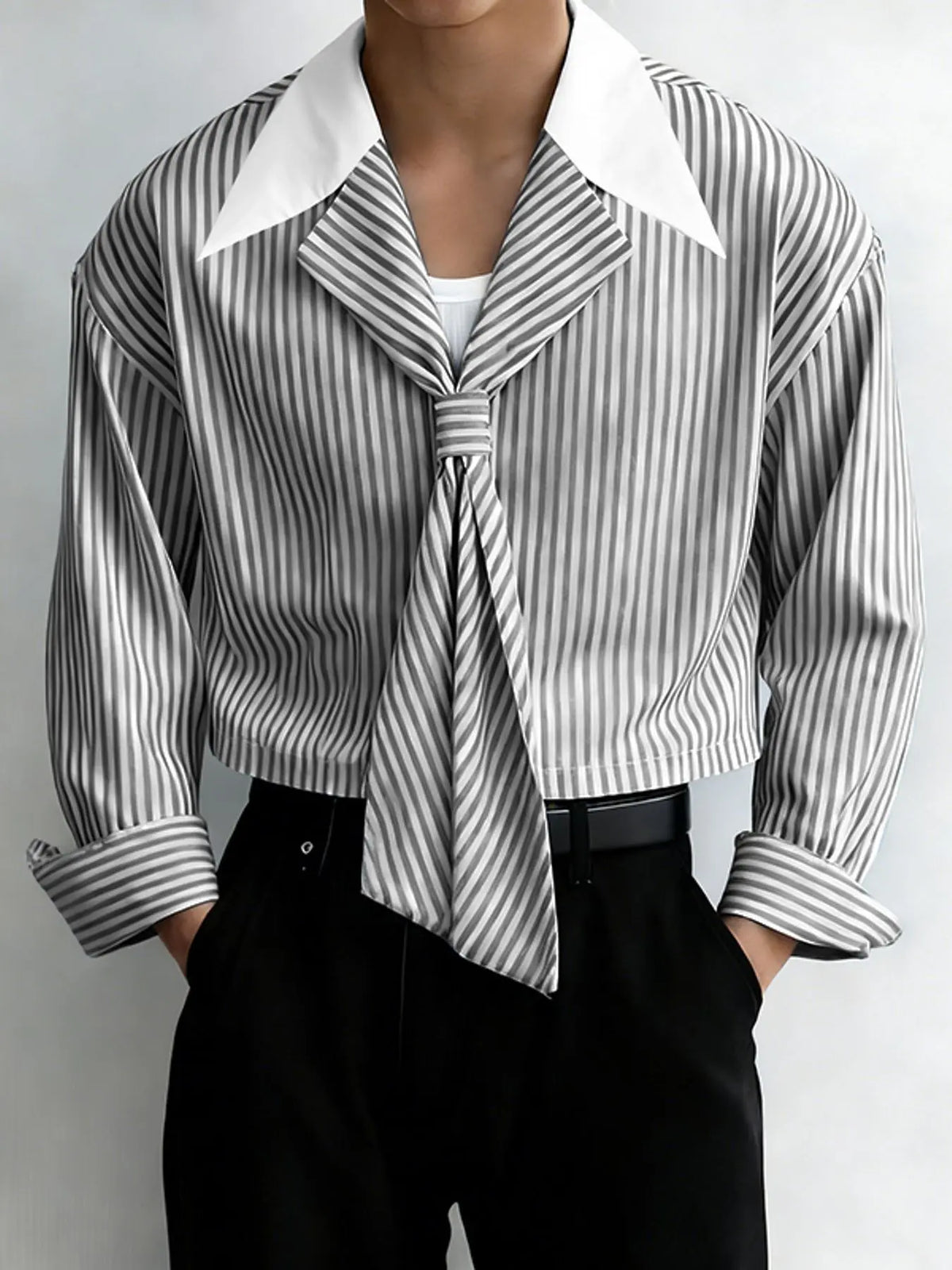 INCERUN Men's Striped Contrast Lapel Collared Long Sleeve Short Shirt, Menswear, Perfect for Daily Wear, Stylish and Comfortable, Ideal for Casual, Casual Stylish Clothing