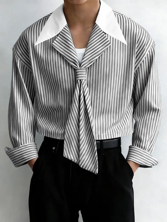 INCERUN Men's Striped Contrast Lapel Collared Long Sleeve Short Shirt, Menswear, Perfect for Daily Wear, Stylish and Comfortable, Ideal for Casual, Casual Stylish Clothing