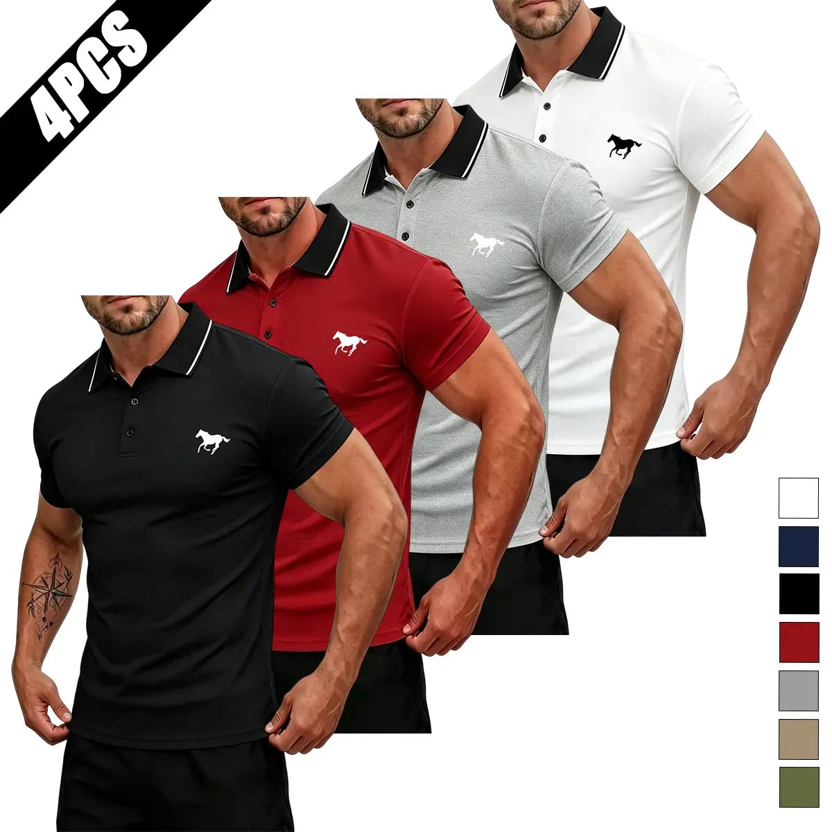 Men's Summer Short-Sleeve Horse Logo Graphic Mix Print Polo Shirt Multi-Pack - Stylish Mature Top for Casual Outings, Gifting, Horse Logo Graphic Polo Shirts, Mix Print Polo Shirts,back to school,back to school shopping