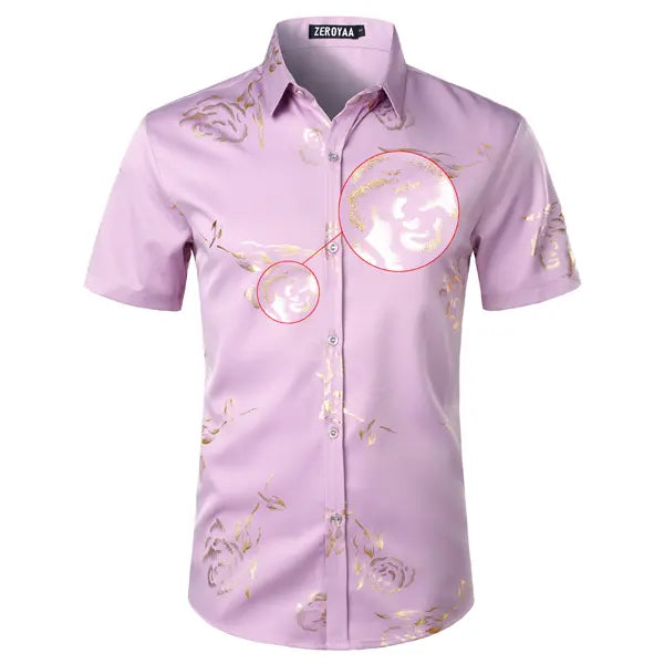 ZEROYAA Mens Hipster Gold Rose Printed Slim Fit Short Sleeve Button Down Dress Shirts Casual Summer Style Casual Fashion,back to school,back to school shopping