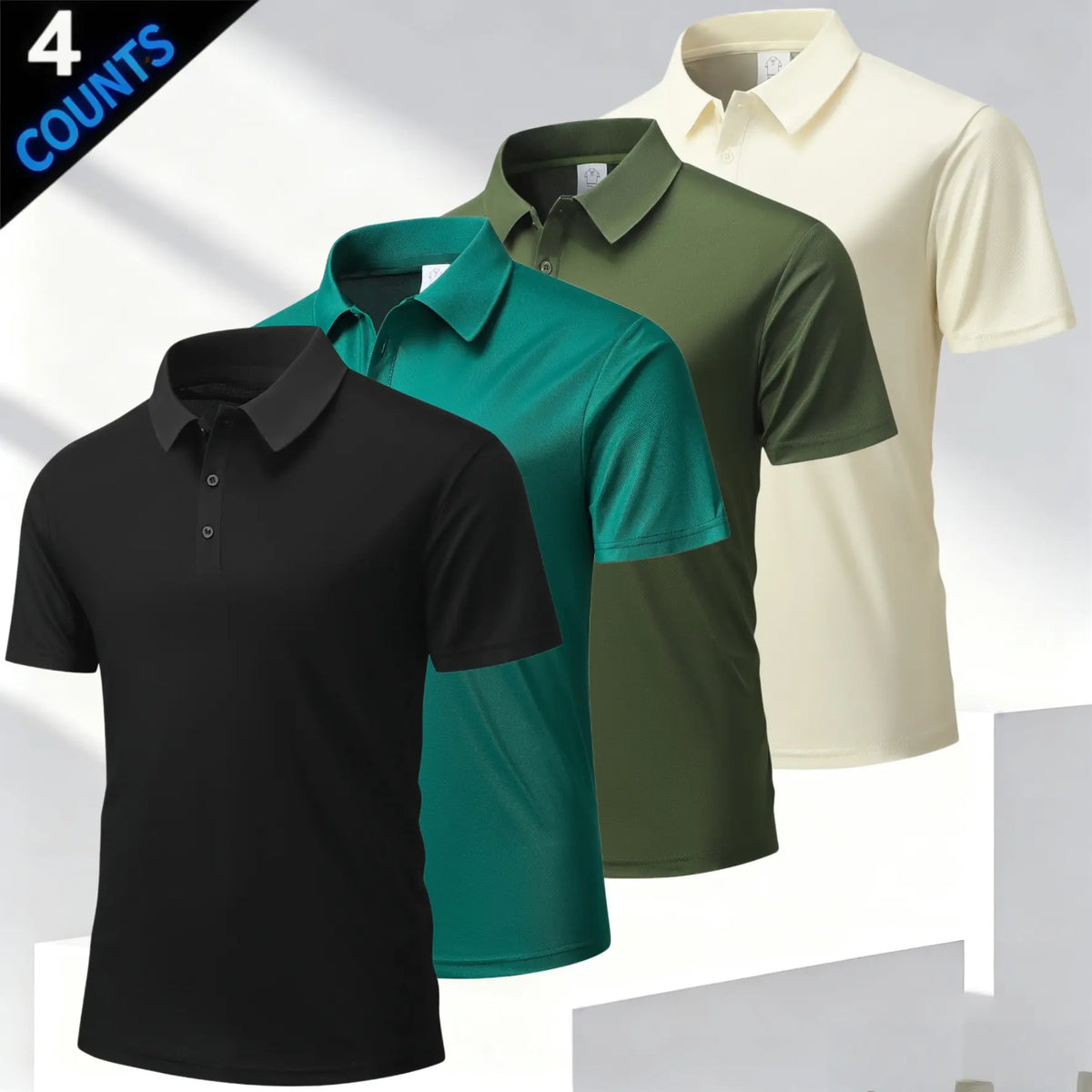 Men's 4 Plain Short-Sleeve Smart Casual Polo Shirts Top, Business Style with Classic Turn-Down Collar, Refined Buttons, Breathable Skin-Friendly Mesh Fabric, Versatile Multi-Season Fit