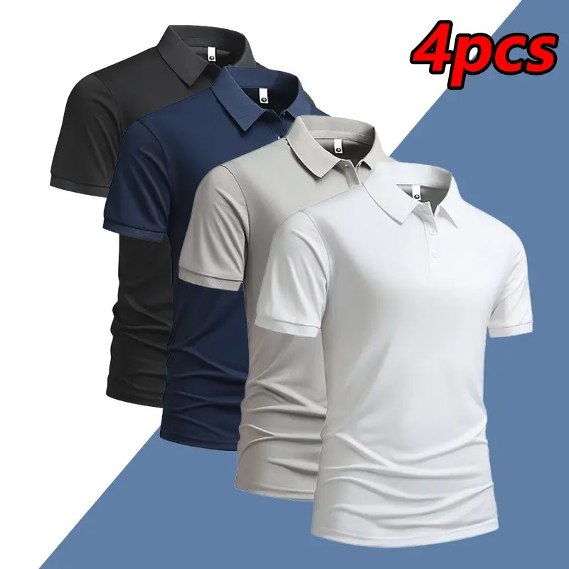 Men's Summer Short Sleeve Polo Shirt - Lightweight and Breathable Ice Silk Fabric, Solid Color, Regular Fit with Button Details, Casual Business Style, Mixed Set, Cool Collar, Men's Daily Commuter T-Shirt, Summer Casual Wear | Stylish Men's Dress Shirts |