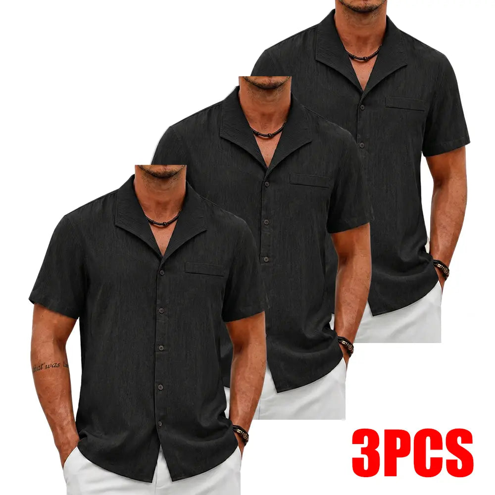 Men's 3-Pack Classic Cuban Collar Shortsleeve Shirts, Linen Blend Button Up Design Casual Button Front Tops, Breathable Casual Style for Daily & Beach Wear