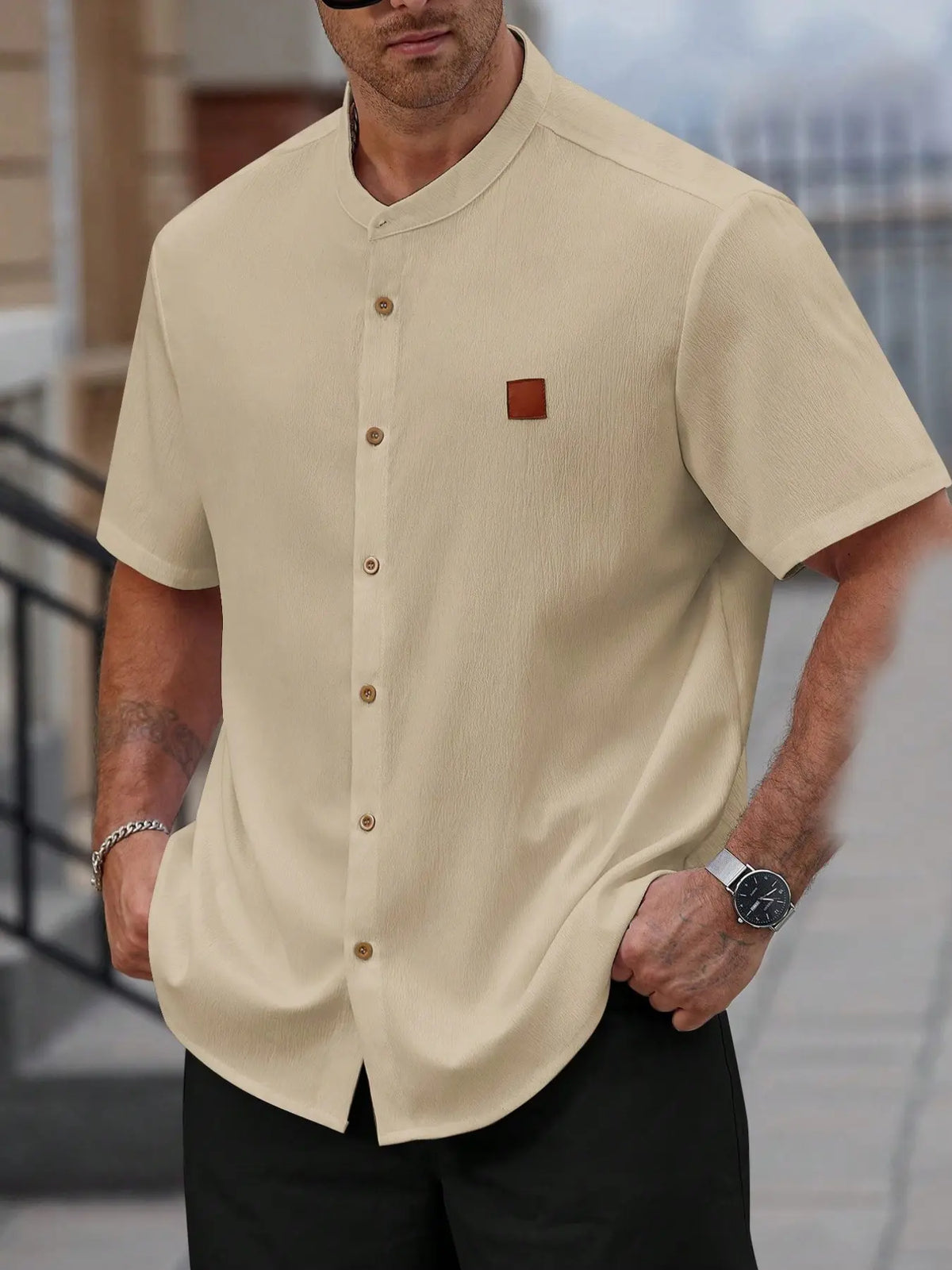3-Pack Plus Size Men's Stand Collar Short Sleeve Casual Shirts, Casual Collared Shirt, Summer Textured Button-Up Tops, Comfortable Daily Wear Vacation Shirts
