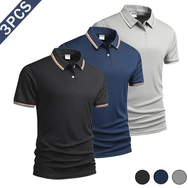 Men's 3-Piece Summer Polo Shirt Set, Polyester Fiber Fabric with Striped Sleeve Cuffs, Sporty Chic Smart Casual Top for Men's Clothing, Casual & Outdoor Use