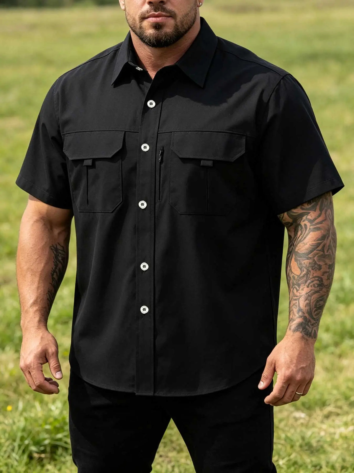 Plus Size Men's Casual Loose Summer Shirt, Short Sleeve Shirt with Multiple Pockets, Zip Details, Breathable Elastic Fabric, Casual Breathable Design, Ideal for Commute & Outdoor Activities, Top