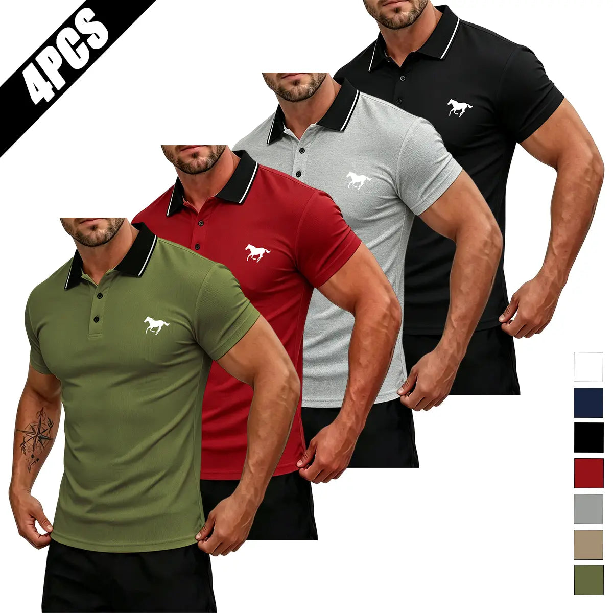 Men's Summer Short-Sleeve Horse Logo Graphic Mix Print Polo Shirt Multi-Pack - Stylish Mature Top for Casual Outings, Gifting, Horse Logo Graphic Polo Shirts, Mix Print Polo Shirts,back to school,back to school shopping
