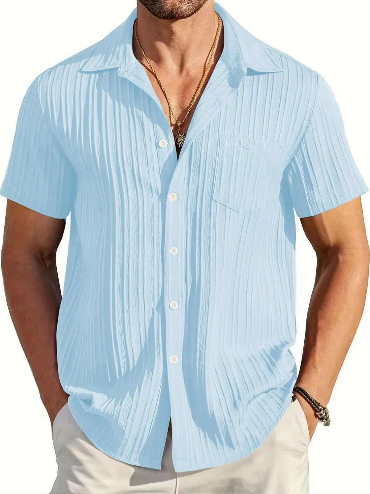Men's Solid Textured Short Sleeve Shirt, Loose Casual Button Collared Comfy Top for Summer, Men's Clothes for Daily Wear, Menswear, Summer Shirts